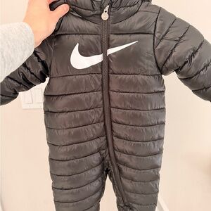 Nike Kids Black Puffer One-Piece Snowsuit with White Swoosh